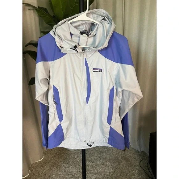 Patagonia Womens Small Colorblock Hooded Windbreaker Jacket Grey Blue Full Zip - Picture 1 of 6